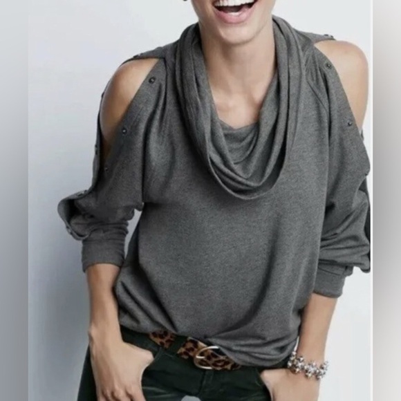 Cabi 3871 Cowl Snap Sleeve Convertible Charcoal Pullover Oversized Sweatshirt - Picture 12 of 12